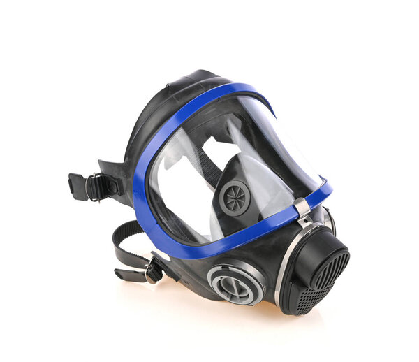 Black gas mask with blue border, chemical protection mask no filter, isolated on white background. side view