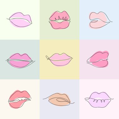 Dişi dudakların kusursuz vektör deseni tek bir çizgi şeklinde. Renkli karelerle renkli renkte ruj öpücüğü çizmek. Kumaş baskısı, posterler, kartlar, afişler, ambalaj kağıtları, web.