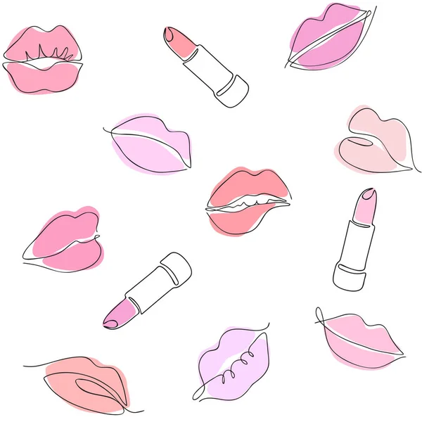 Seamless Vector Pattern Female Lips Lipstick One Continuous Line Style — Stock Vector