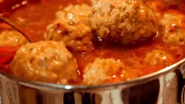 Cooking Meat Balls Tomato Sauce Close Selective Focus Hand Stirring — Stock Video