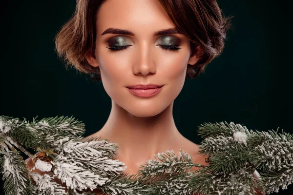 Photo of tender elegant hollywood celebrity demonstrate evening bright maquillage isolated on green color background.
