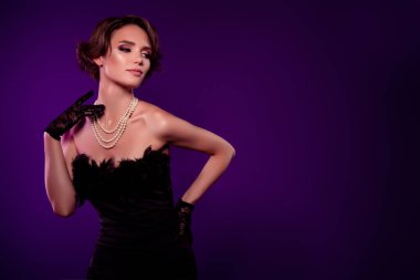 Photo of charming fancy lady royal aristocracy look night performance cabaret touch jewelry isolated dark background.