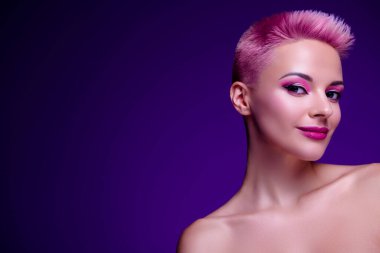 Charming model woman no clothes show her bright vibrant makeover shimmer highlighter powder pomade toner promotion.