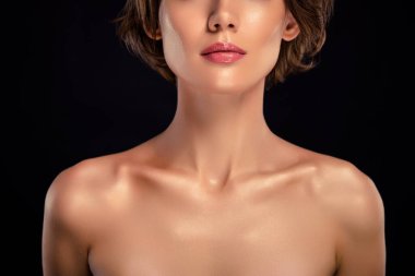 Closeup studio photo gorgeous half naked woman demonstration perfect shaped body silky highlighter skin collar bone.