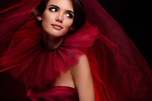 Очаровательная Романтичная Мечтательная Леди Современная Невеста Носит Красный Закрытый Высокий Стоковое Изображение