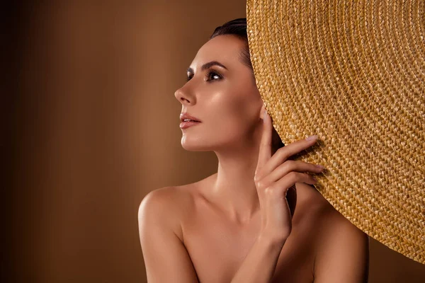 Profil Foto Fantastisk Modell Kvinna Touch Halm Sol Hatt Panama — Stockfoto