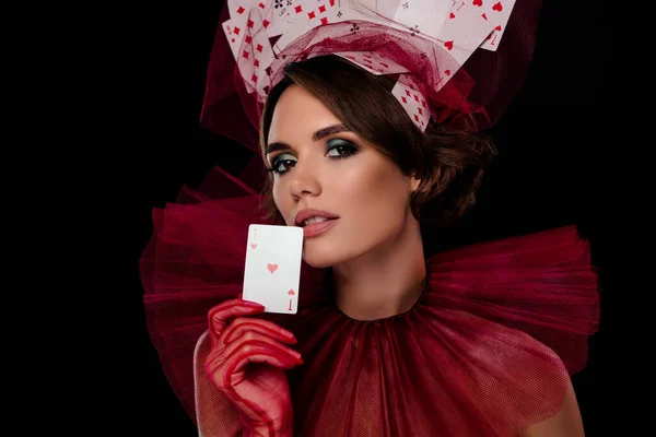 Fashionable Dress Lady Poker Blackjack Player Have Ace Card Winner — Stock Photo, Image