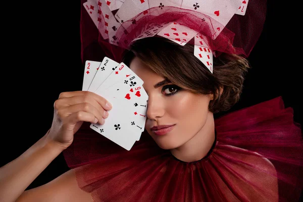 Studio Photo Stunning Woman Dealer Hold Cards Face Close Eye — Stock Photo, Image