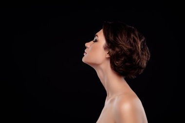 Profile side photo of lovely dream young lady have douche bath prepare for evening occasion over dark color background.