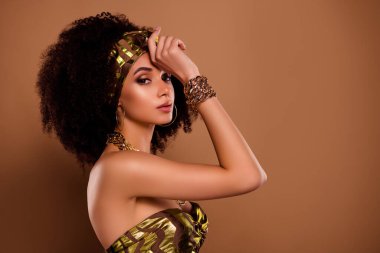 Esrarengiz kadın kabilesinin profil fotoğrafı Aborijin şaman ruhani ayine dokundu izole edilmiş pastel arka plan.