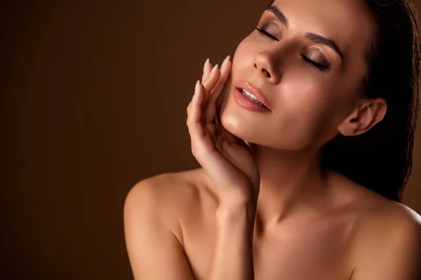Closeup Photo Charming Young Woman Wet Hair Touch Cheek Skin — Stock Photo, Image