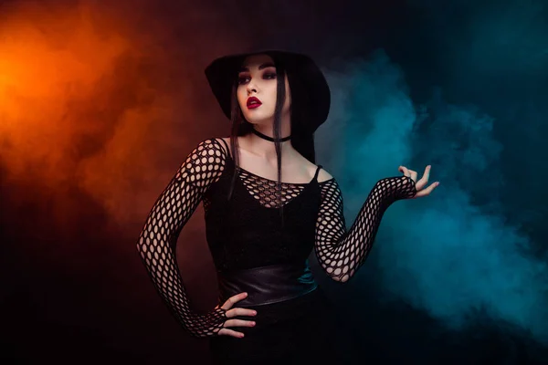 Photo Attractive Lady Vampire Vamp Doing Dark Magic Halloween Midnight — Stock Photo, Image