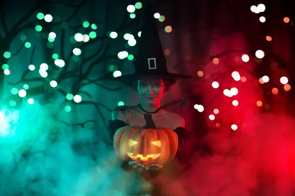 Creative Image Collage Theme Witch Hold Jack Lantern Decor Pumpkin — Stock Photo, Image