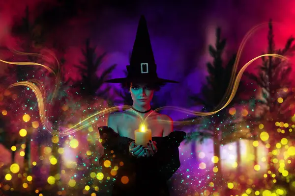 Представьте Творческий Коллаж Ведьмы Делающей Заклинание Вуду Феи Использующей Свечи — стоковое фото