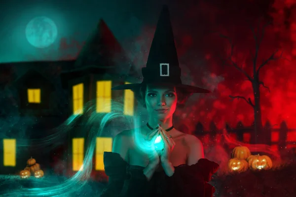Зображення Колаж Щасливої Чарівниці Злий Леді Тримає Кулон Темному Таємничому — стокове фото