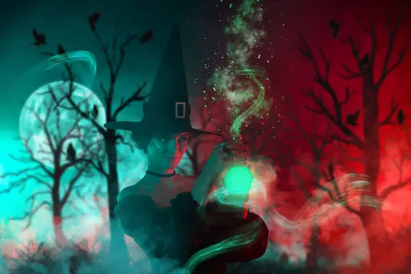 杂志海报图片拼贴神秘哥特式女子在满月午夜森林雾墓穴施行巫术 — 图库照片