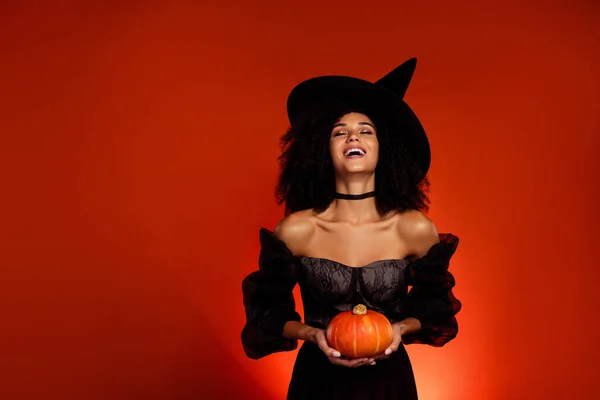 Photo of diabolic dangerous dark witch lady hold magical mystical pumpkin for summon creepy demon over red background.