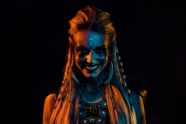 Photo Terrifying Mysterious Valkyrie Lady Toothy Smile Colorful Lights Isolated — Stock Photo, Image