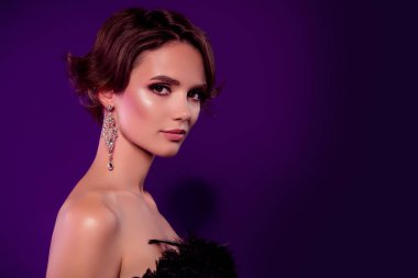 Göz kamaştırıcı kadın aristokratın fotoğrafı. Violet 'in boş arkaplanda yaptığı VIP partisinin tadını çıkarın..