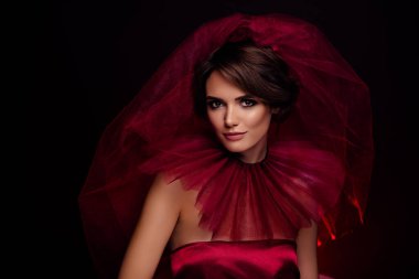 Vogue moda partisi için koyu renk arka planda zengin, asil, kraliçe elbisesi kırmızı elbisesi..