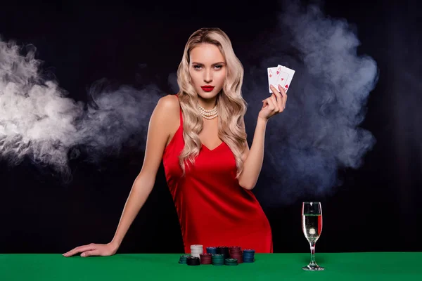 Photo of dream desire lady croupier advertise playing poker game for winning jackpot on mist dark background.