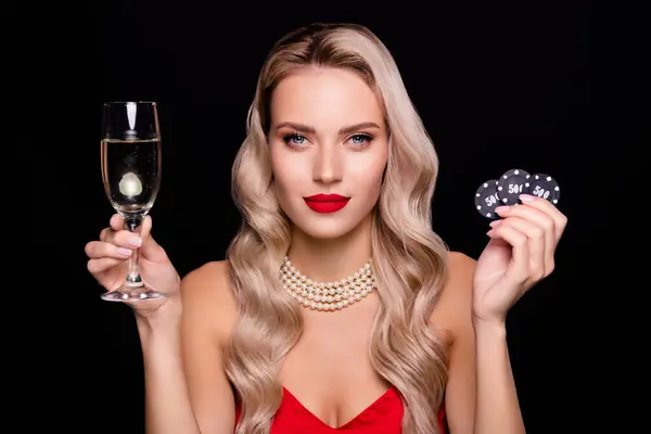 Photo Successful Smiling Lady Wear Sexy Outfit Playing Casino Drinking — Stock Photo, Image