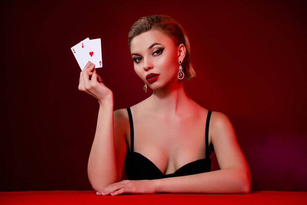 Photo of fancy classy woman wear black dress rising playing cards isolated red ruby color background.
