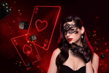 Çekici zengin bayan poker oyuncusunun soyut metafor kolajı ikramiyeyi kazanmak için risk alıyor..