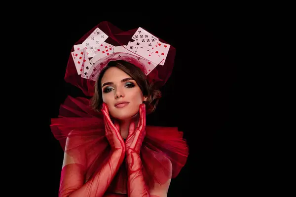 Photo of gorgeous lady enjoy casino night touch her face lace gloves wear vintage theme gown isolated black background.
