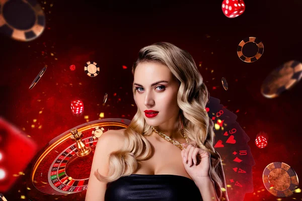 Abstrakte Collage Metapher Schickes Glamouröses Luxusmädchen Wirbt Mit Pokerspielen Las — Stockfoto