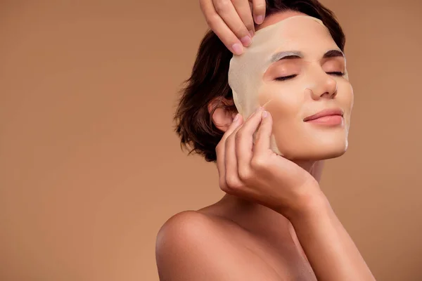 Photo Lady Touch Applying Face Sheet Mask Silky Skin New — Stock Photo, Image