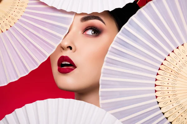 Photo of elegant graceful japanese lady face visage red lips looking up empty space isolated on red color background.