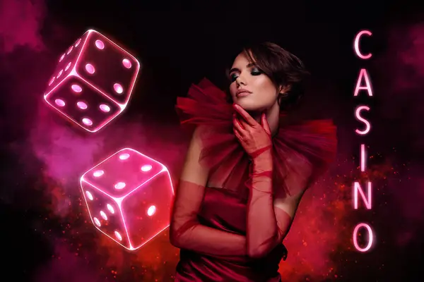 Creative Banner Collage Standing Young Charming Woman Promo Casino Game — Stock Photo, Image