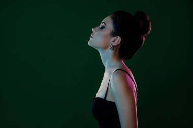 Lokantadaki romantik buluşmadan sonra yeşil arka planda izole edilmiş siyah elbiseli muhteşem kadının yan fotoğrafı..