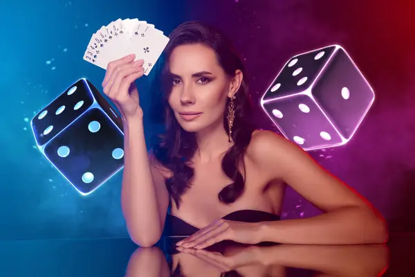 Collage Creativo Ilustración Foto Elegante Encantadora Mujer Celebrar Tarjetas Casino —  Fotos de Stock