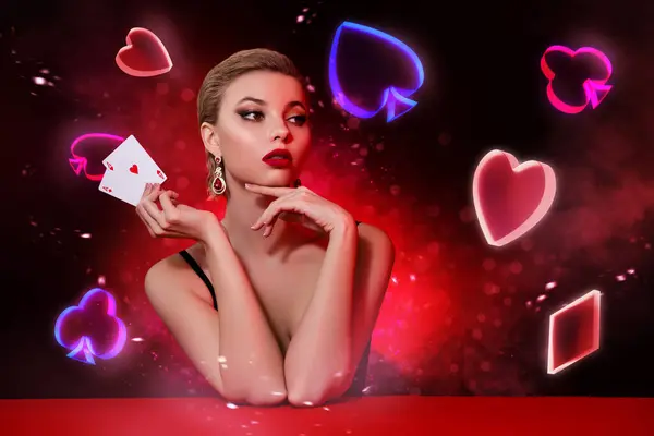创意拼贴横幅奢华迷人的年轻女子玩牌扑克21点赌场赌局中奖 — 图库照片