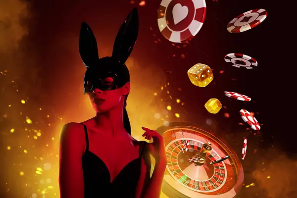 Collage Créatif Lapin Attrayant Charmant Fille Jouer Casino Jeu Jackpot — Photo