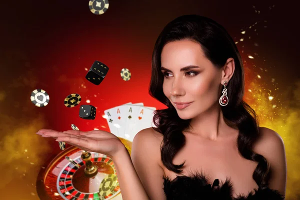 Illustratie Collage Kunstwerk Charmante Dame Houden Casino Poker Chips Tokens — Stockfoto