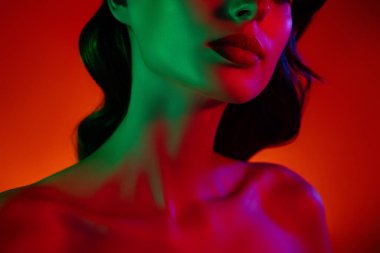 Şık zarif bir bayanın kesilmiş fotoğrafı. Disko gece kulübü tatili hazırla. Botoks dudaklar, saflık, vücut bakımı..