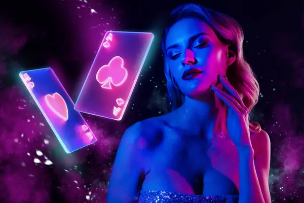 Creative collage poster banner elegant charming young woman touch face arm two gambling cards casino player money prize.