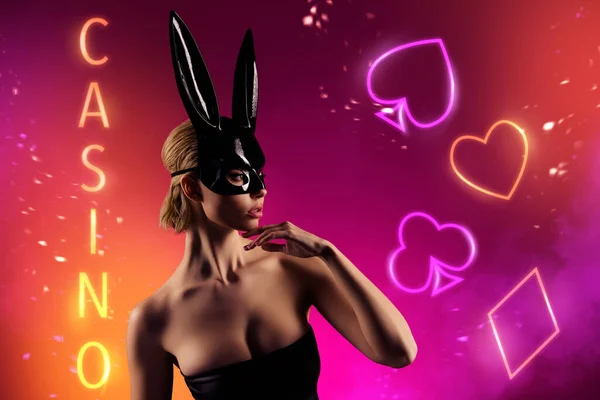 Collage Picture Affascinante Ragazza Indossare Coniglietto Maschera Promo Casino Giochi — Foto Stock