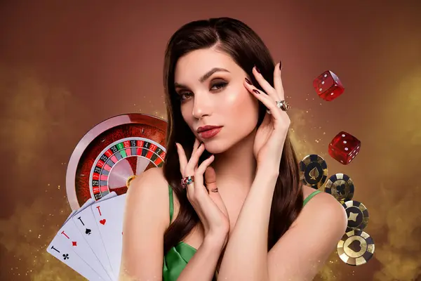 Bannière Créative Collage Charmante Jeune Femme Promo Casino Carte Roulette — Photo