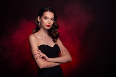 VIP özel etkinliğindeki zarif bayan başkanın fotoğrafı sisli arka planda çapraz kollarla duruyor..