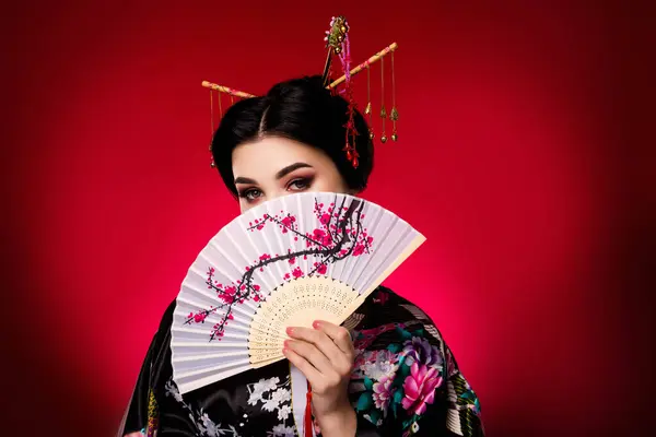Photo Korean Shy Cute Lady Cover Face Traditional Japanese Culture — Stock Photo, Image