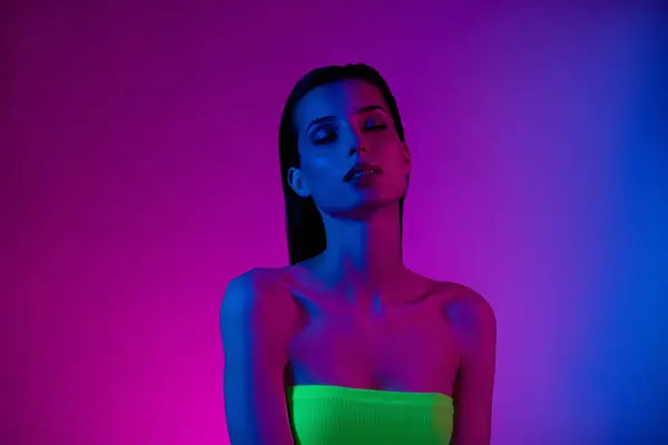 Photo Passionate Flirty Girl Have Fun Futuristic Discotheque Vibrant Neon — Photo