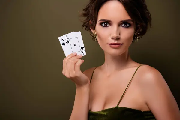 Photo Attractive Gorgeous Lady Playing Poker Hold Cards Winner Combination — Zdjęcie stockowe