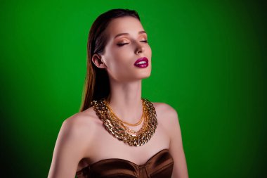 Ateşli, sataşan, çekici, şık bir bayanın fotoğrafı yüksek moda etkinliğini yeşil parlak arka planda eğlenerek kutluyor..