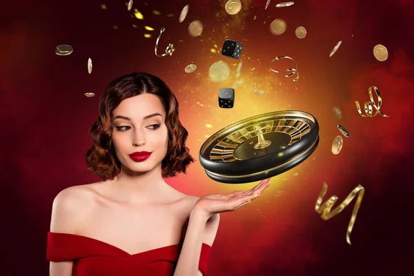 Artwork Collage Lovely Elegant Lady Hand Hold Roulette Wheel Spin — Stock Photo, Image