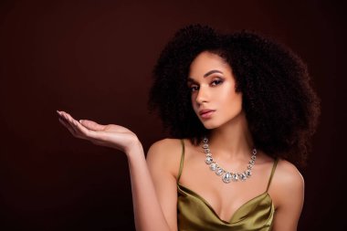 Güzel bir kızın portresi boş uzay mücevherlerini kahverengi arka planda izole edilmiş ipek ve lüks kıyafetler giyer..