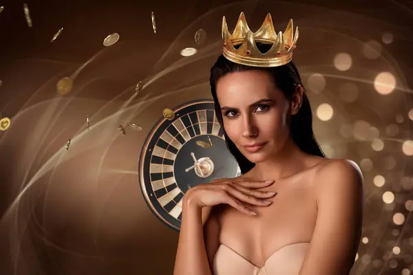 Collage Jolie Gagnante Casino Dame Couronne Dorée Roulette Roue Spin — Photo